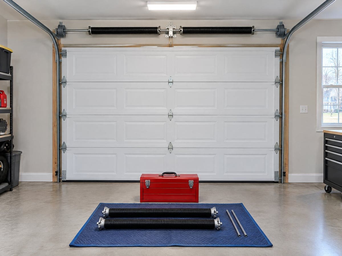 A red toolbox and a new pair of torsion springs laid out on a moving blanket inside a tidy garage, the start of a visit from a garage door repair company.