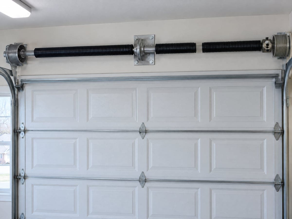 Garage door spring repair: a broken torsion spring with a clear gap in its coils on the shaft above a white door.