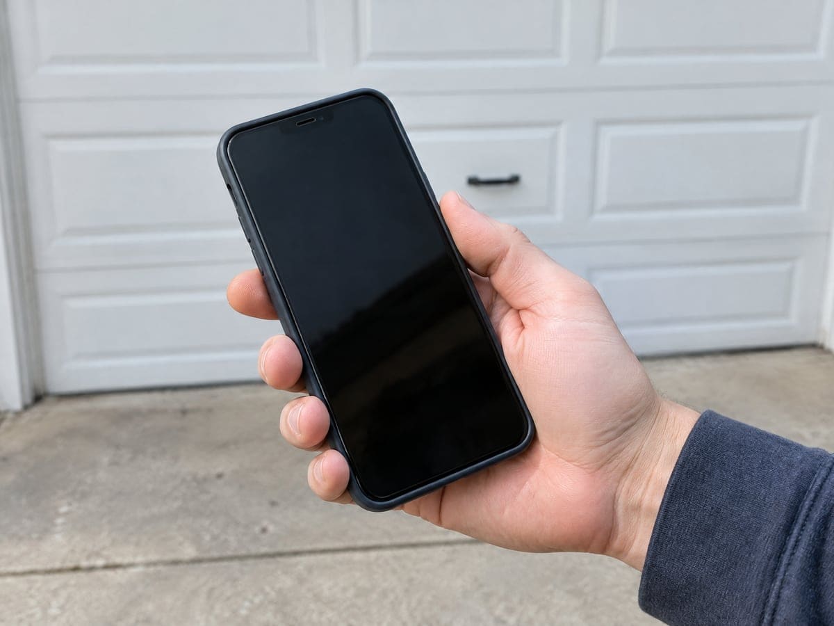 A hand holding a phone in front of a closed white garage door, ready to dial the garage door repair phone number.