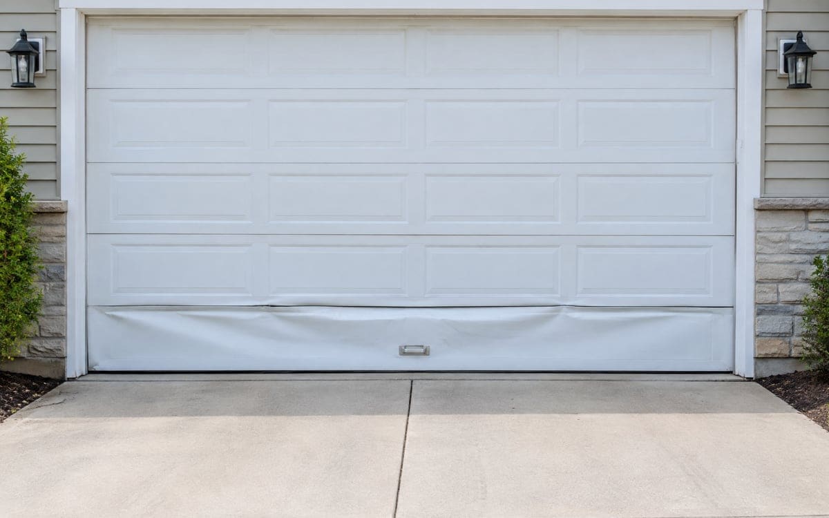 A crease across the bottom section of a white two-car door, seen from the driveway, ready for garage door panel replacement.