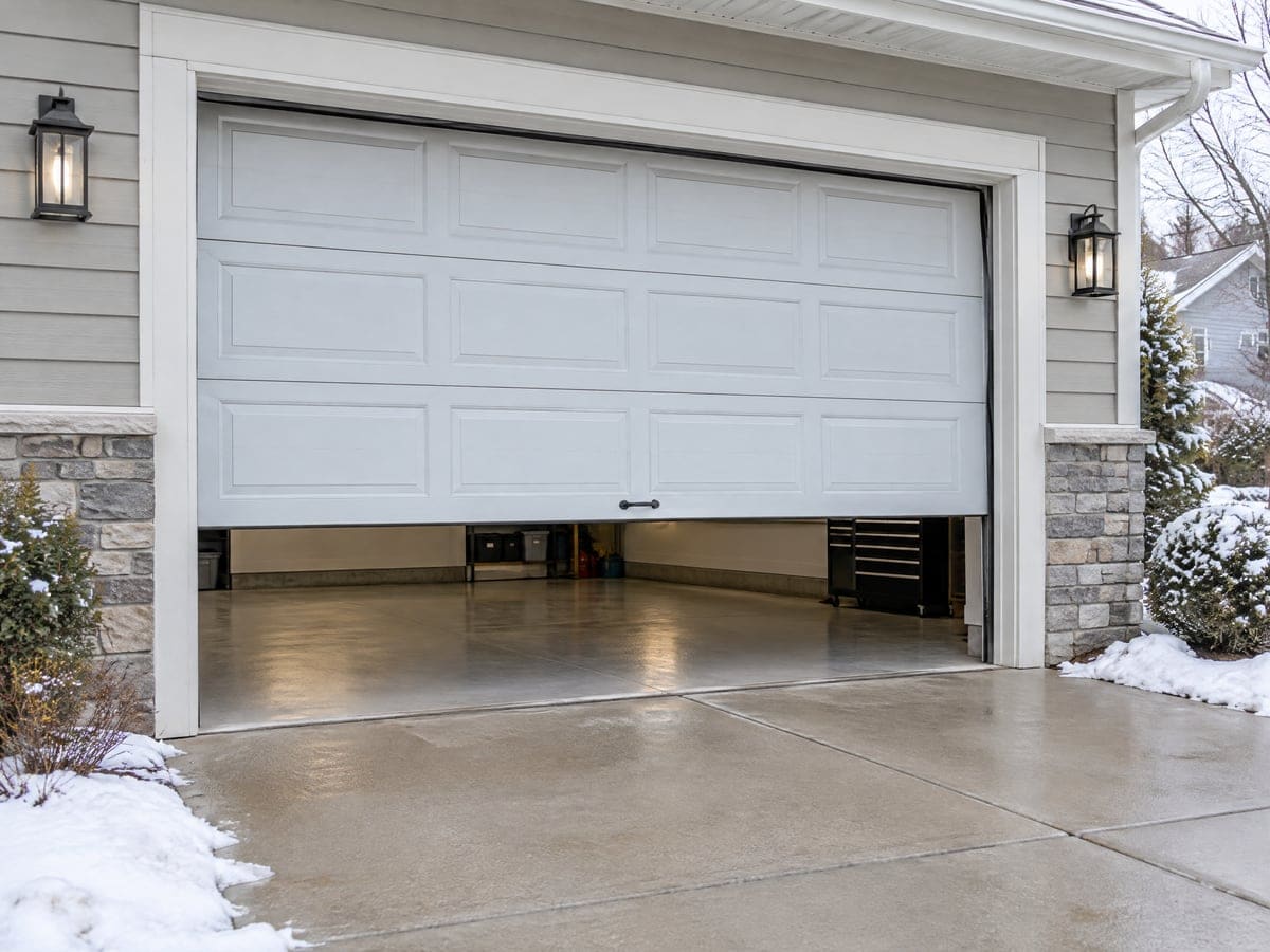 Emergency garage door repair on a snowy day: a white door stuck partway open over a wet driveway.