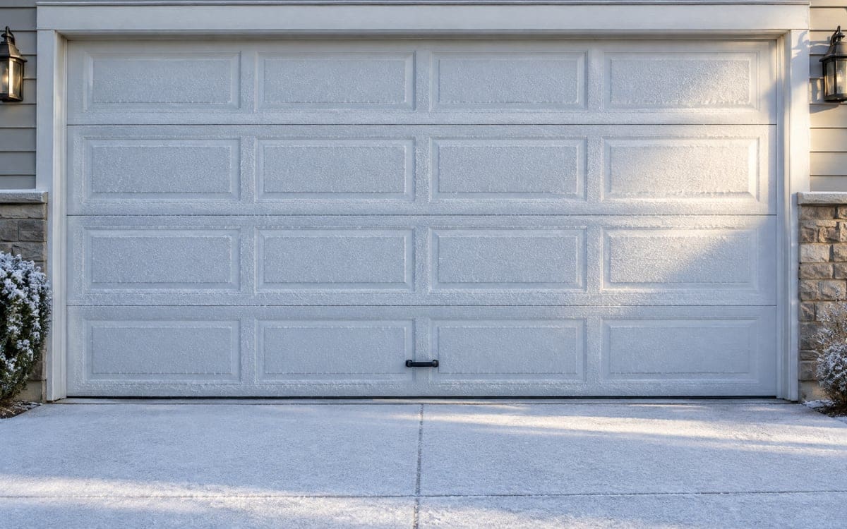Frost covering a white two-car door on a first-freeze morning.