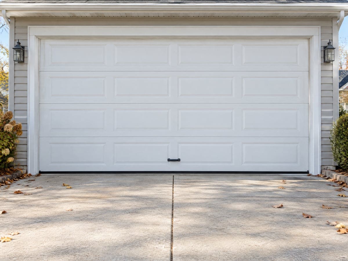 A white two-car door resting on the driveway, where a garage door bottom seal keeps out water and leaves.