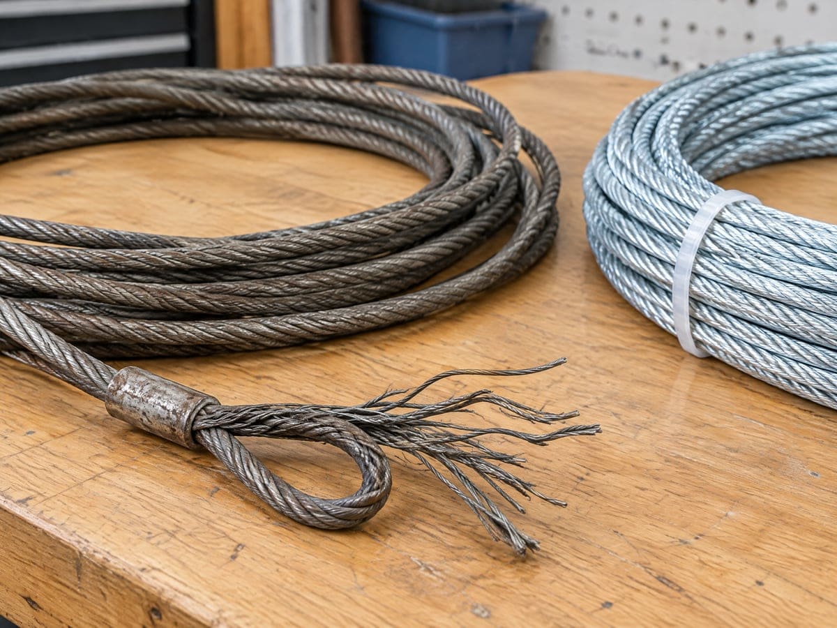 Garage door cable repair: a frayed lift cable beside a coil of new galvanized cable on a workbench.