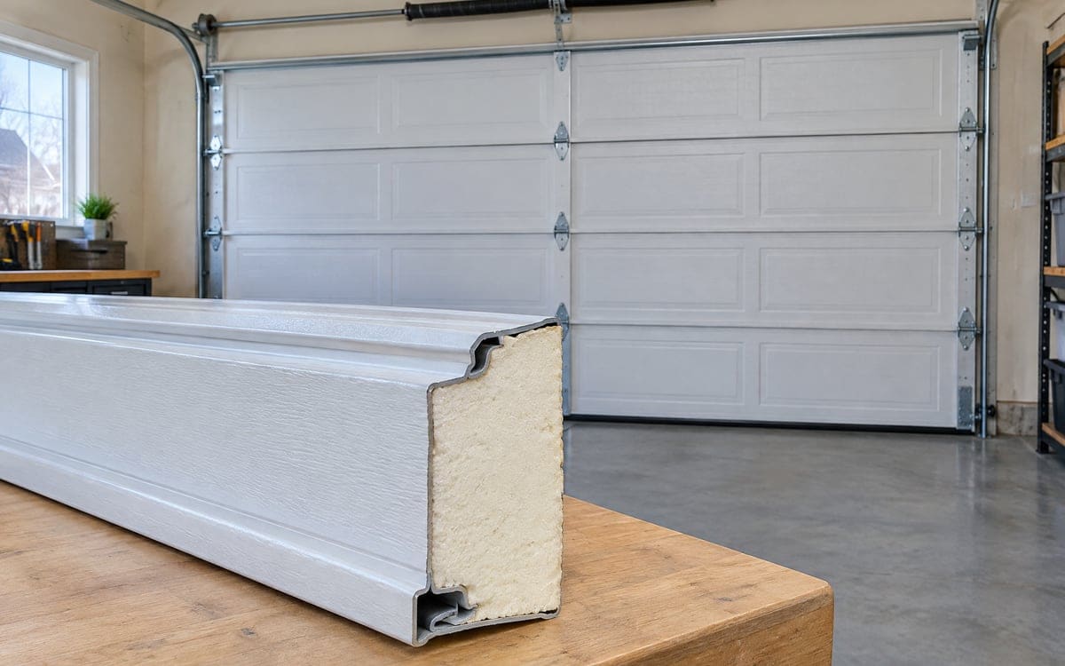 A cut door section showing its foam core between two steel skins, the garage door insulation inside an insulated door.