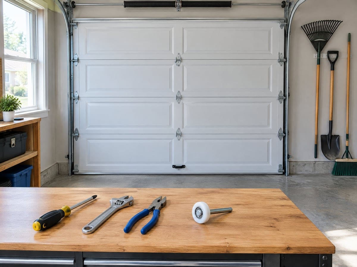 Hand tools and a spare roller laid out on a workbench in front of a closed white door, where these garage door guides start.