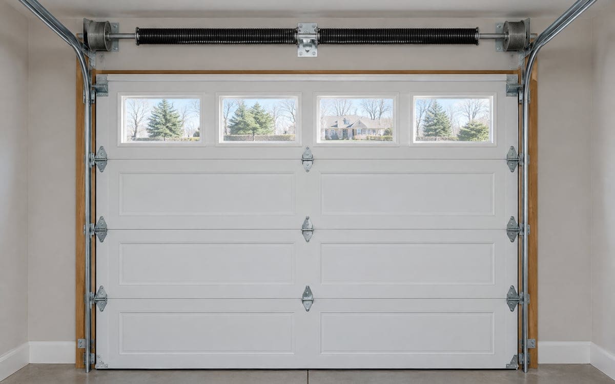 Hinges, rollers and torsion springs on a white door with window panels, all lubricated in a garage door tune up.