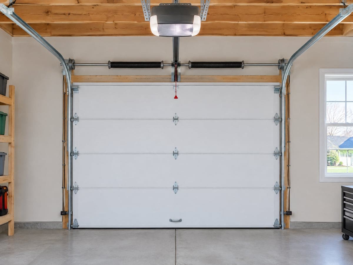 A new opener hung under the ceiling joists with its rail centered over a white door after a garage door opener installation.