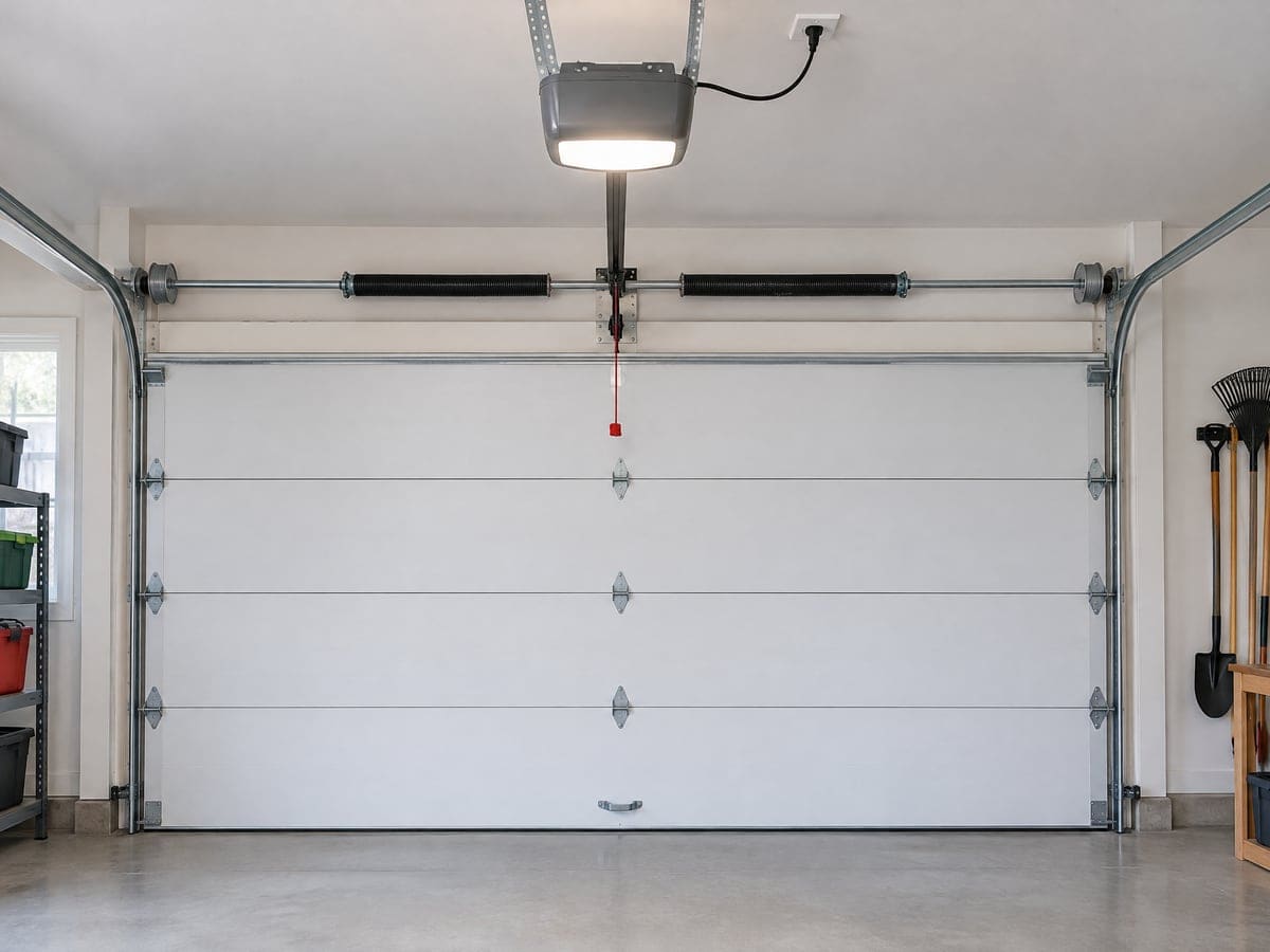 Garage door opener repair view: the opener centered on the ceiling, its rail running to the top of a white door and the red release cord hanging down.