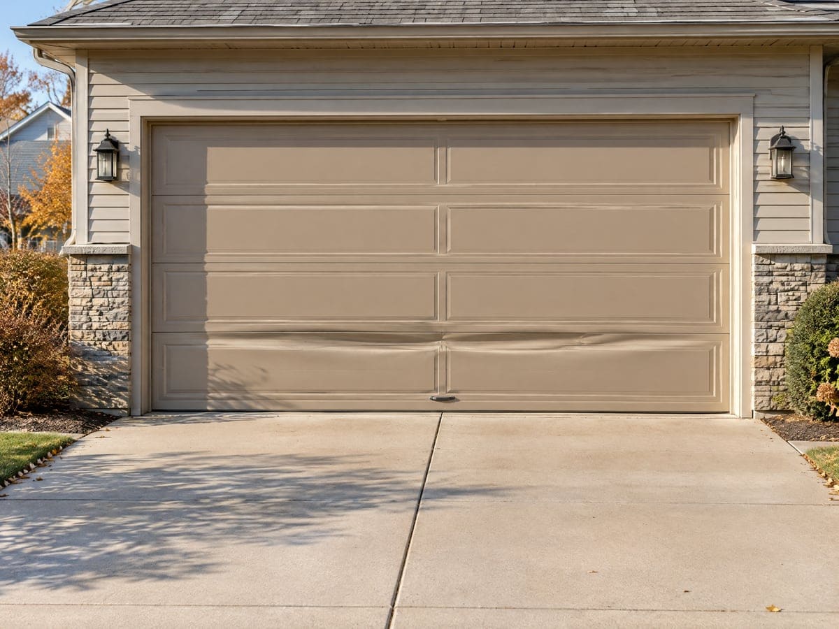 A dent creasing the lower sections of a tan two-car door, ready for garage door panel replacement.
