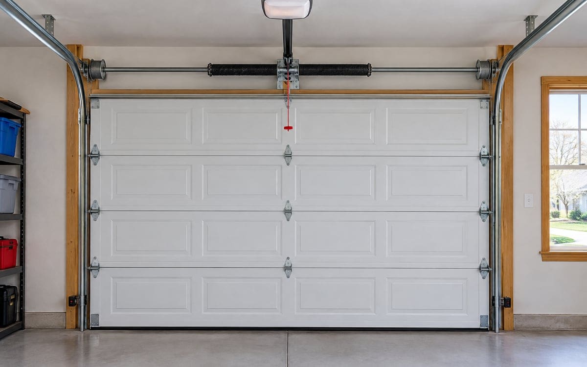 Inside view of a white garage door with the parts garage door repair covers: torsion spring, cable drums, tracks, hinges and the opener's red release cord.