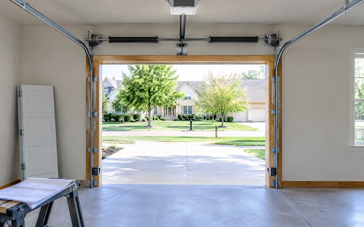 An open garage with the old door taken down and a new section leaning on the wall, the stage where a garage door permit question comes up.
