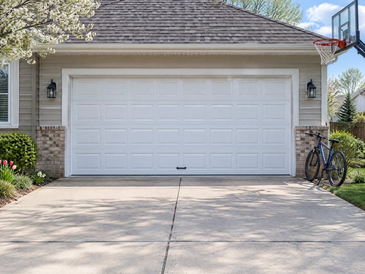 Garage door repair questions start with a door like this white two-car one, a bike parked beside it on a spring day.