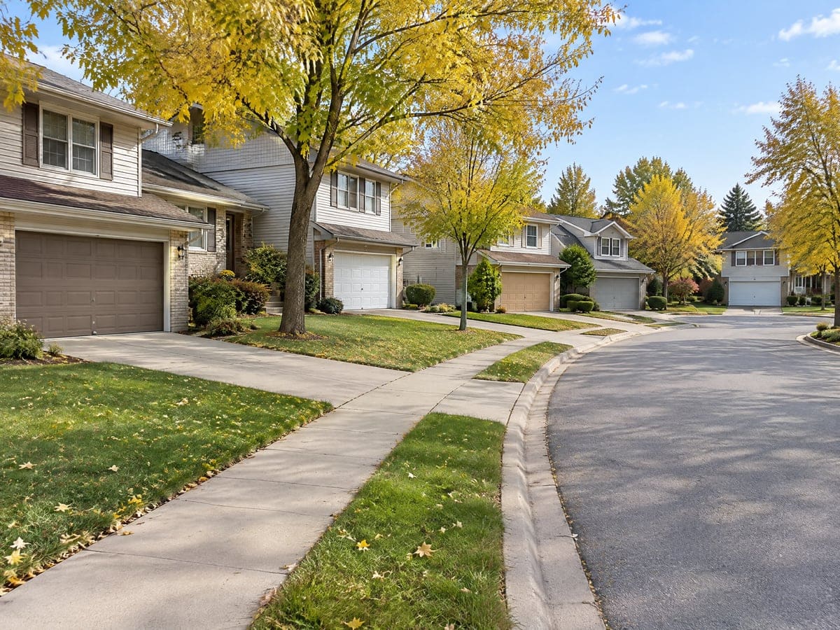 Garage door repair on a curving suburban street of two-story homes with white and tan garage doors.