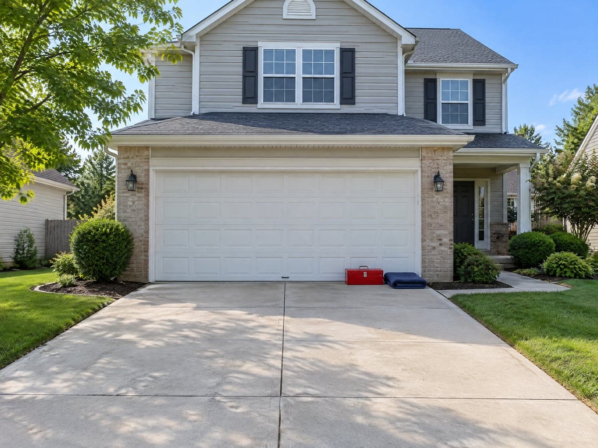 A red toolbox and a moving blanket set down in front of a closed two-car door, ready for a garage door repair visit.