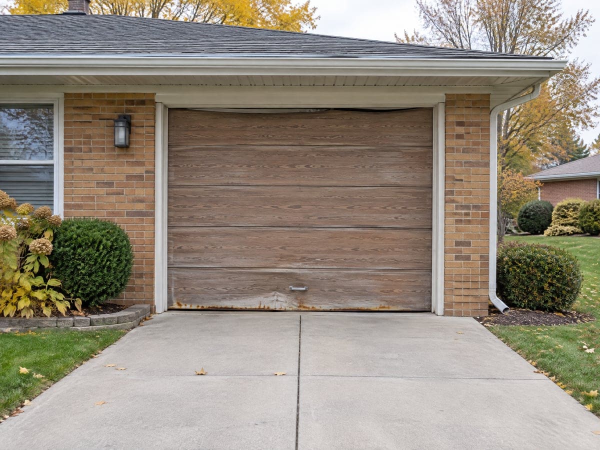 A weathered, cracked wood garage door on a brick house, a clear case for garage door replacement.