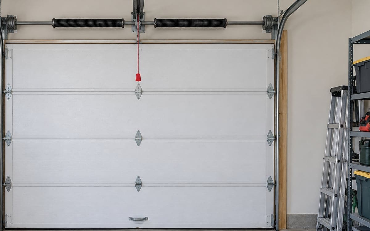 A closed single door seen from inside with its tracks, springs and opener in place, the parts that keep a garage door from going off track.