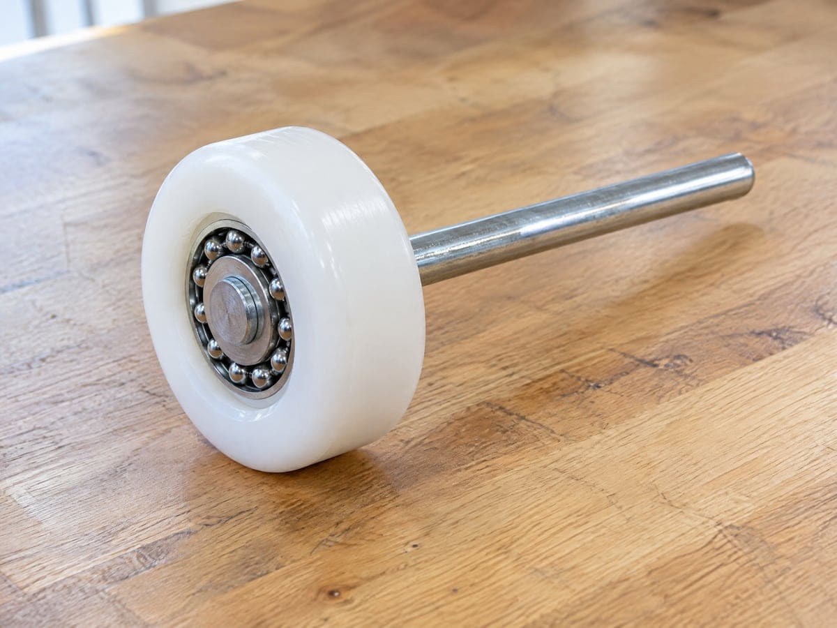 A new white nylon roller with steel ball bearings on its straight stem, the part garage door roller repair puts back on the door.