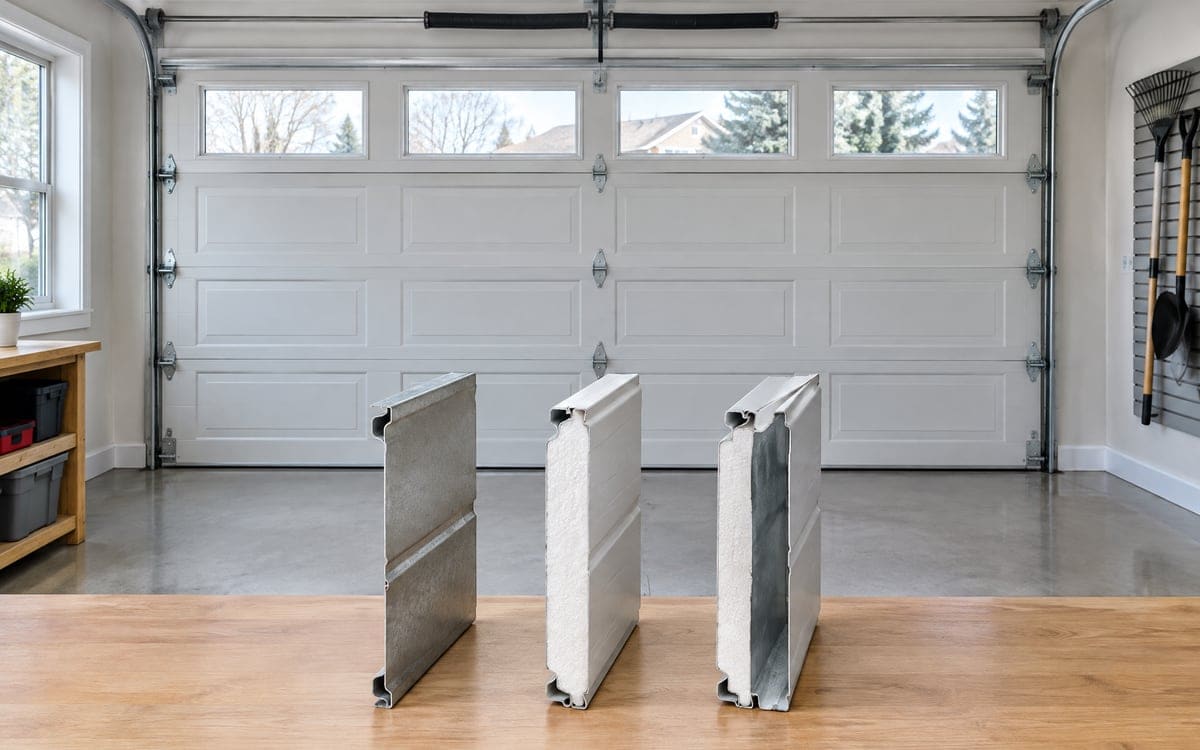 Three cut door sections on a workbench showing single steel skin, double skin and foam core, the choice made before garage door installation.