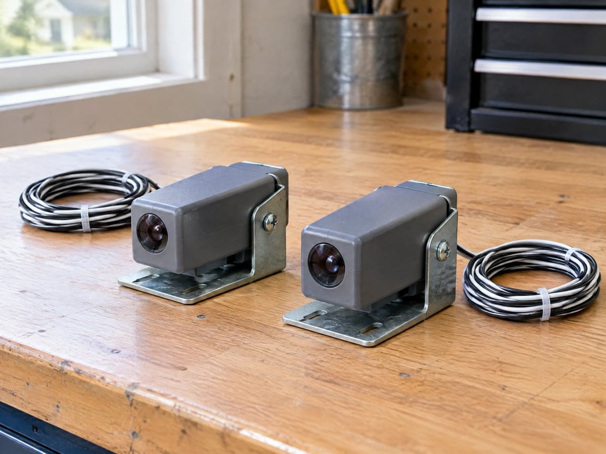 Garage door sensor repair: a new pair of photo-eye sensors with coiled wire on a workbench.