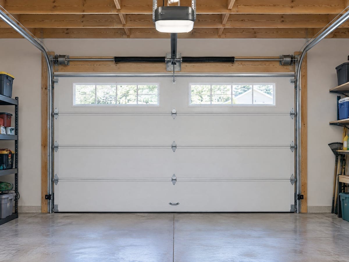 Garage door service from inside a tidy garage: a white door with two window panels, torsion springs above it and the opener centered on the ceiling.