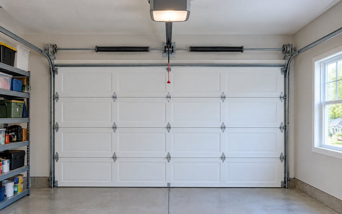 Inside a tidy two-car garage: the white door closed, torsion springs on the shaft above it and the opener centered with its red release cord, the parts a garage door service visit looks at.