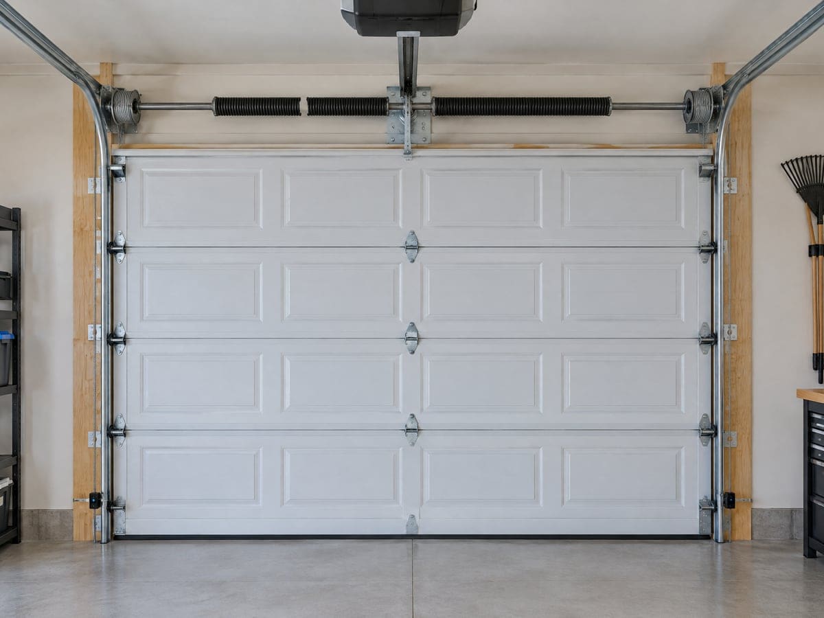 Torsion springs above a closed white door, one with a gap where the coil snapped and needs garage door spring repair.