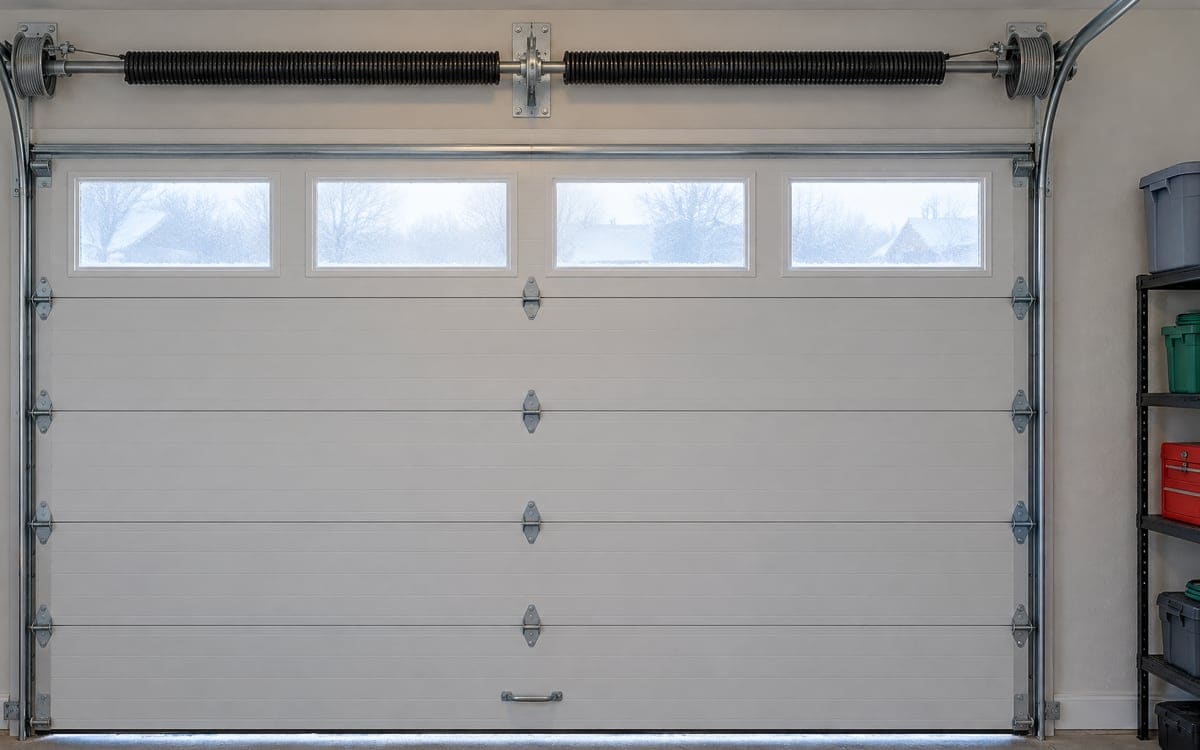 Garage door spring and torsion shaft above a white door with frosted window panels, seen from inside on a cold morning.