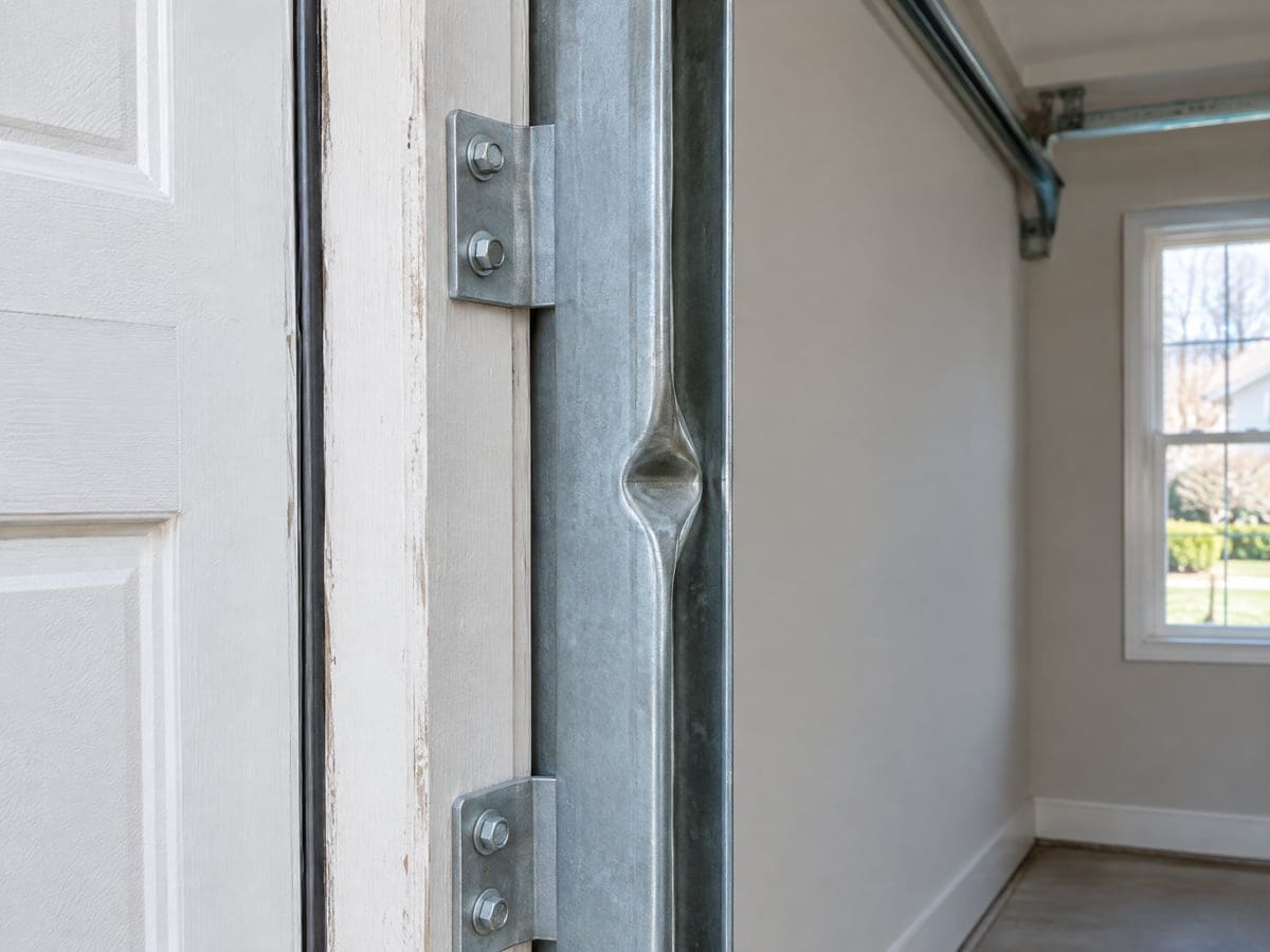 Garage door track repair starts with damage like this inward dent in a galvanized vertical track bolted to the jamb.
