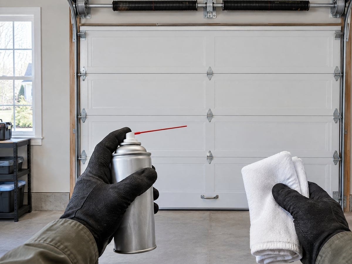 Gloved hands with a can of lubricant and a clean rag in front of a closed door at the start of a garage door tune up.