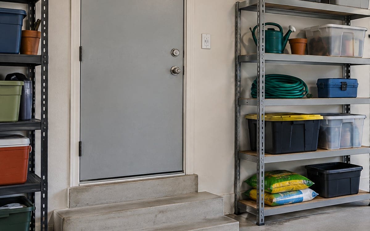 The steel door from the garage into the house at the top of two concrete steps, beside storage shelves.
