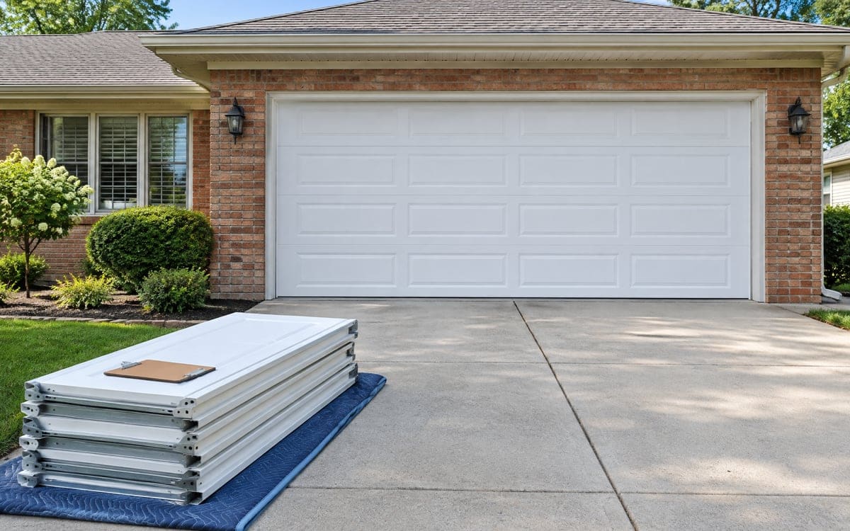 A newly installed white two-car door on a brick ranch house, the old sections stacked on a blanket beside the driveway.