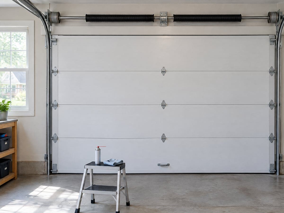 A step stool with a can of lubricant in front of a closed white door, set up for a noisy garage door.