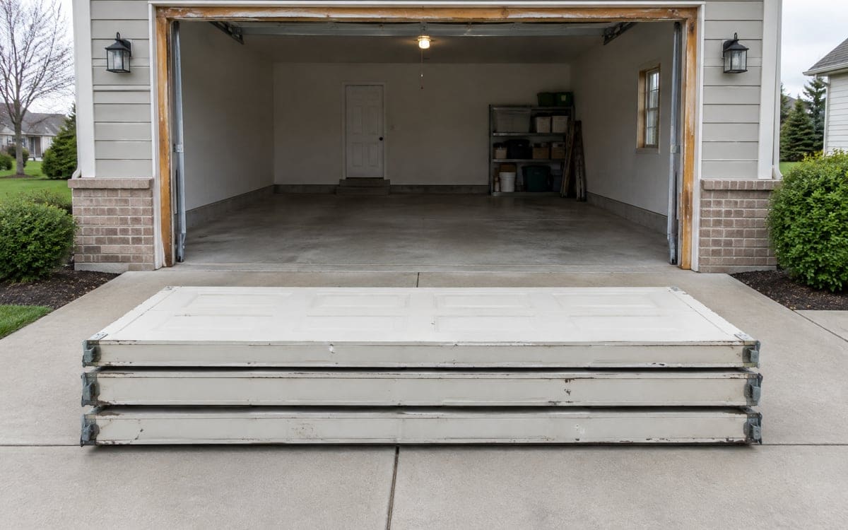 Old door sections stacked on the driveway in front of an empty opening during a garage door replacement.