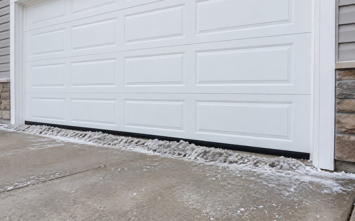 Plowed slush and salt packed along the bottom of a white two-car garage door, a common cause of winter garage door repair.