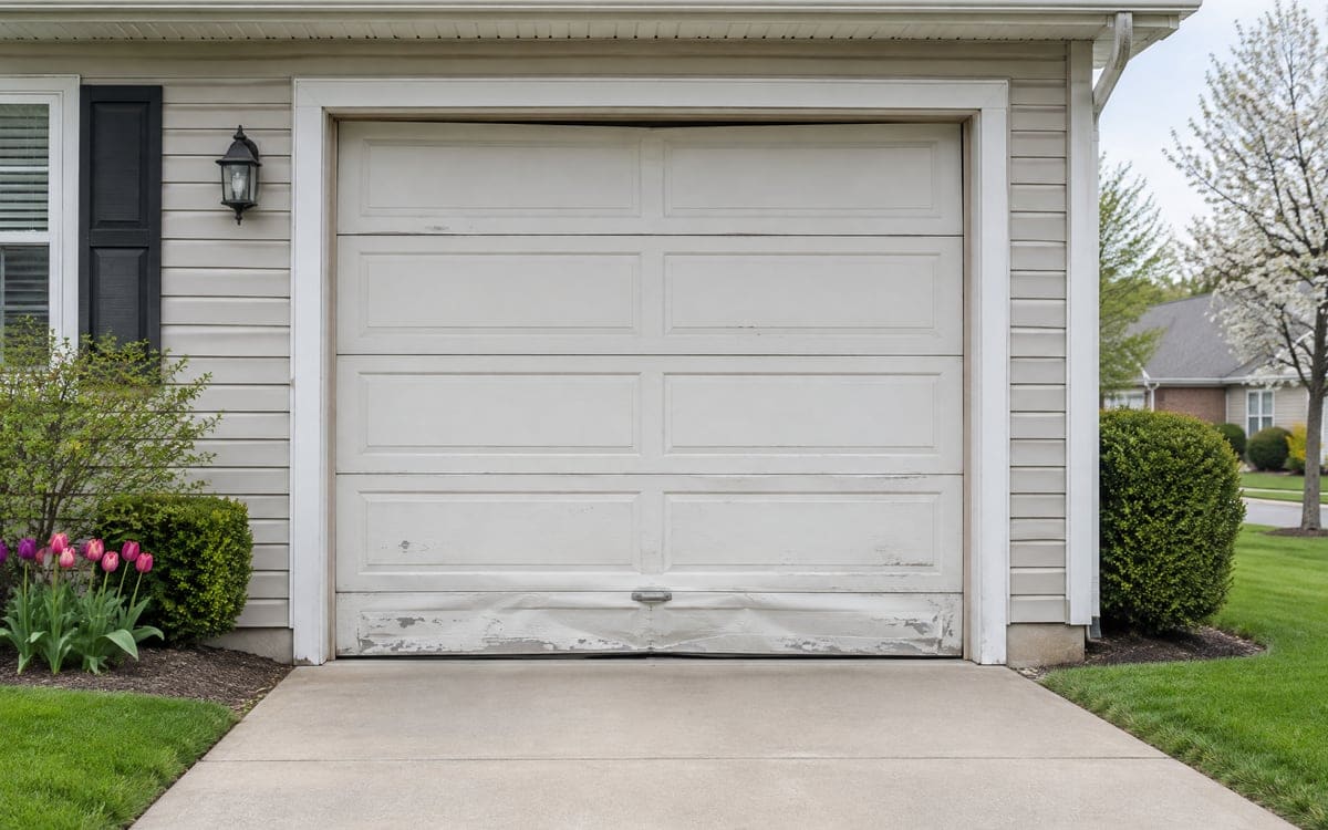 Repair or replace garage door decision: a white door with a dented, scraped bottom section.