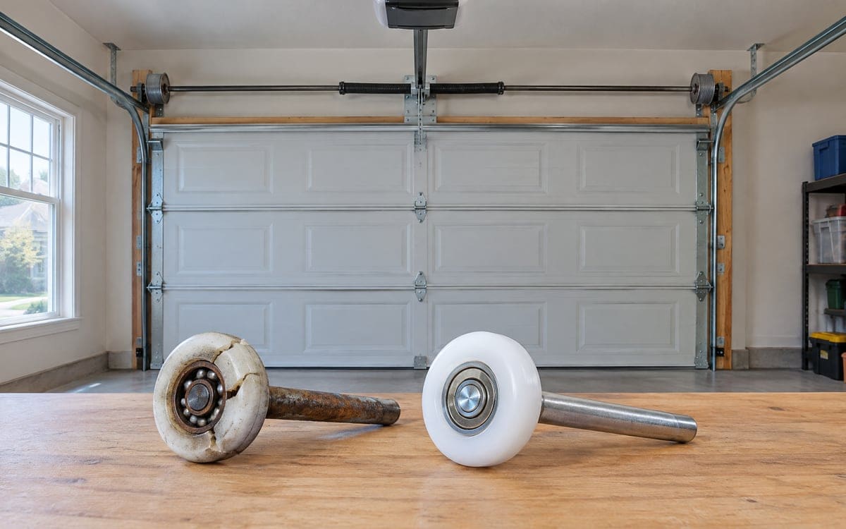 Garage door roller repair parts on a workbench: a cracked, worn roller next to a new white nylon roller with steel ball bearings.